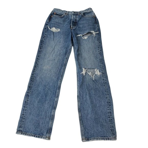 BDG Womens Jeans 24 Blue High Rise Relaxed Straight Button Fly Distressed Denim - Picture 1 of 10